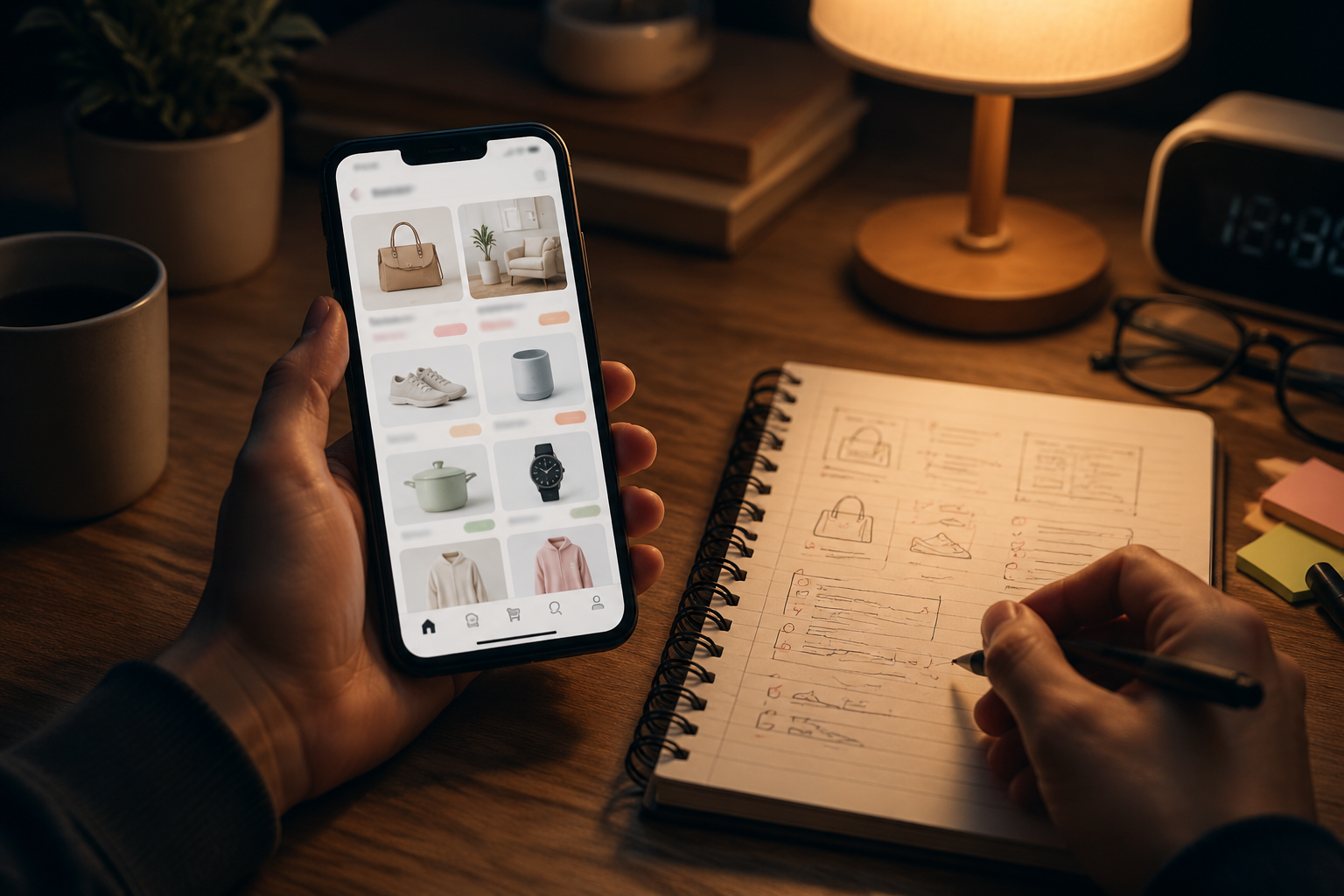 Nightly shopping app observation ritual with phone and notebook