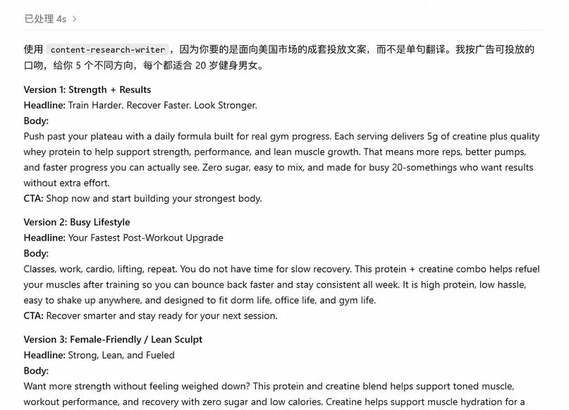 Example skill output and revision text screenshot