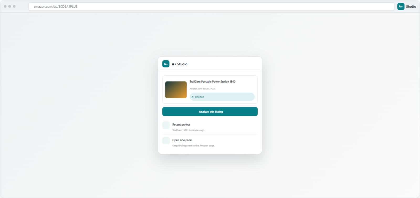 Amazon A+ Studio extension popup