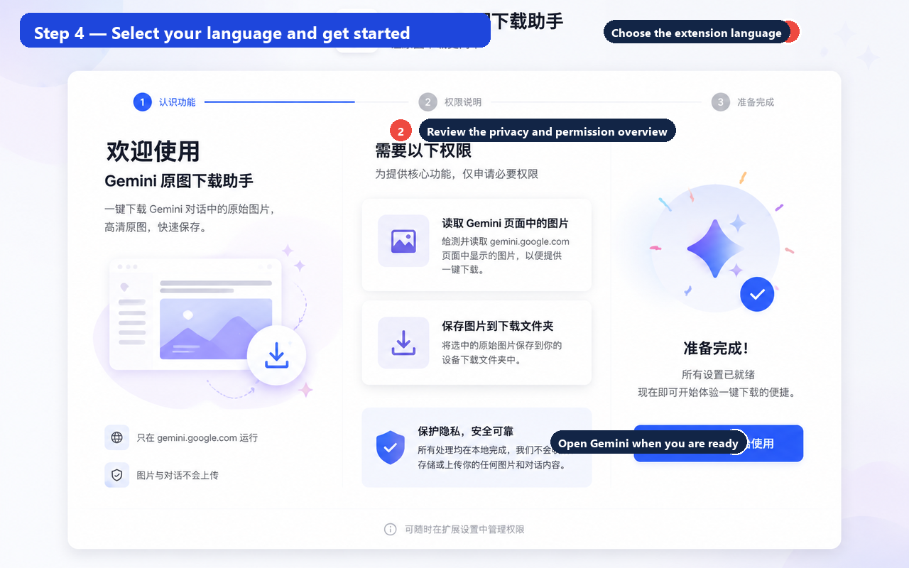 Annotated welcome screen with language selector and Get Started button