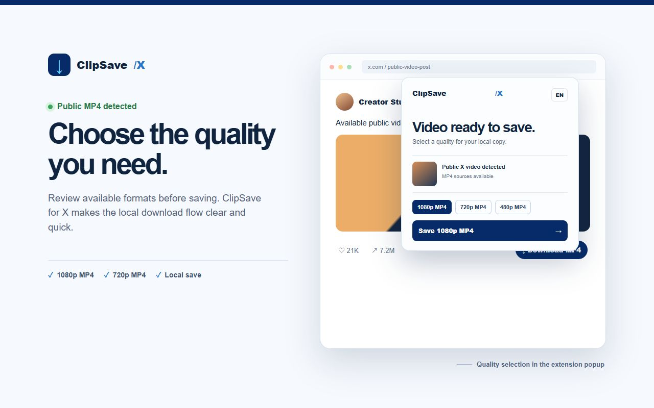 ClipSave X video downloader MP4 quality selection screen