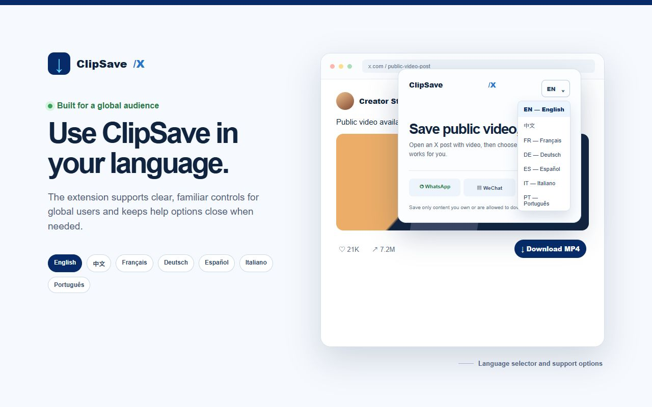 ClipSave X video downloader language selector and contact options