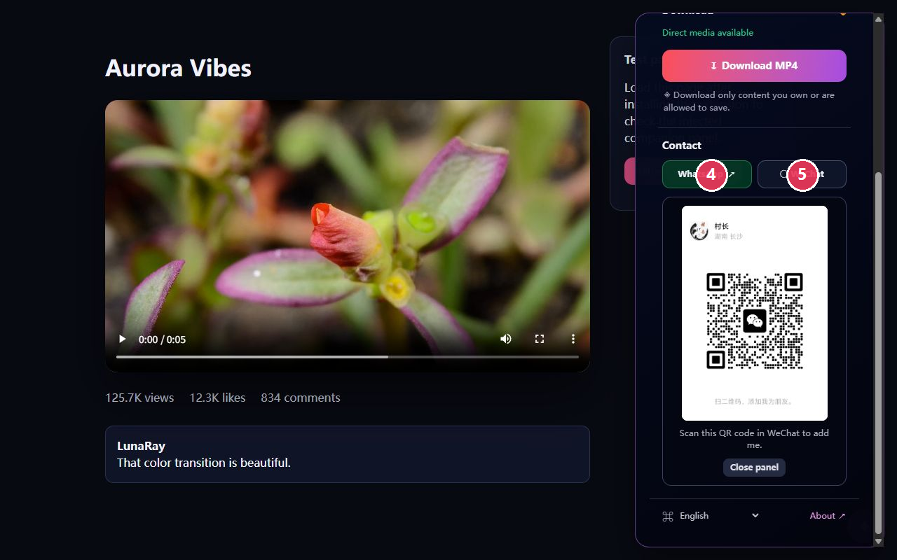 GlowNote contact controls with numbered WhatsApp and WeChat markers