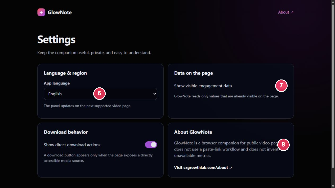 GlowNote settings page with numbered language, metrics, and about markers