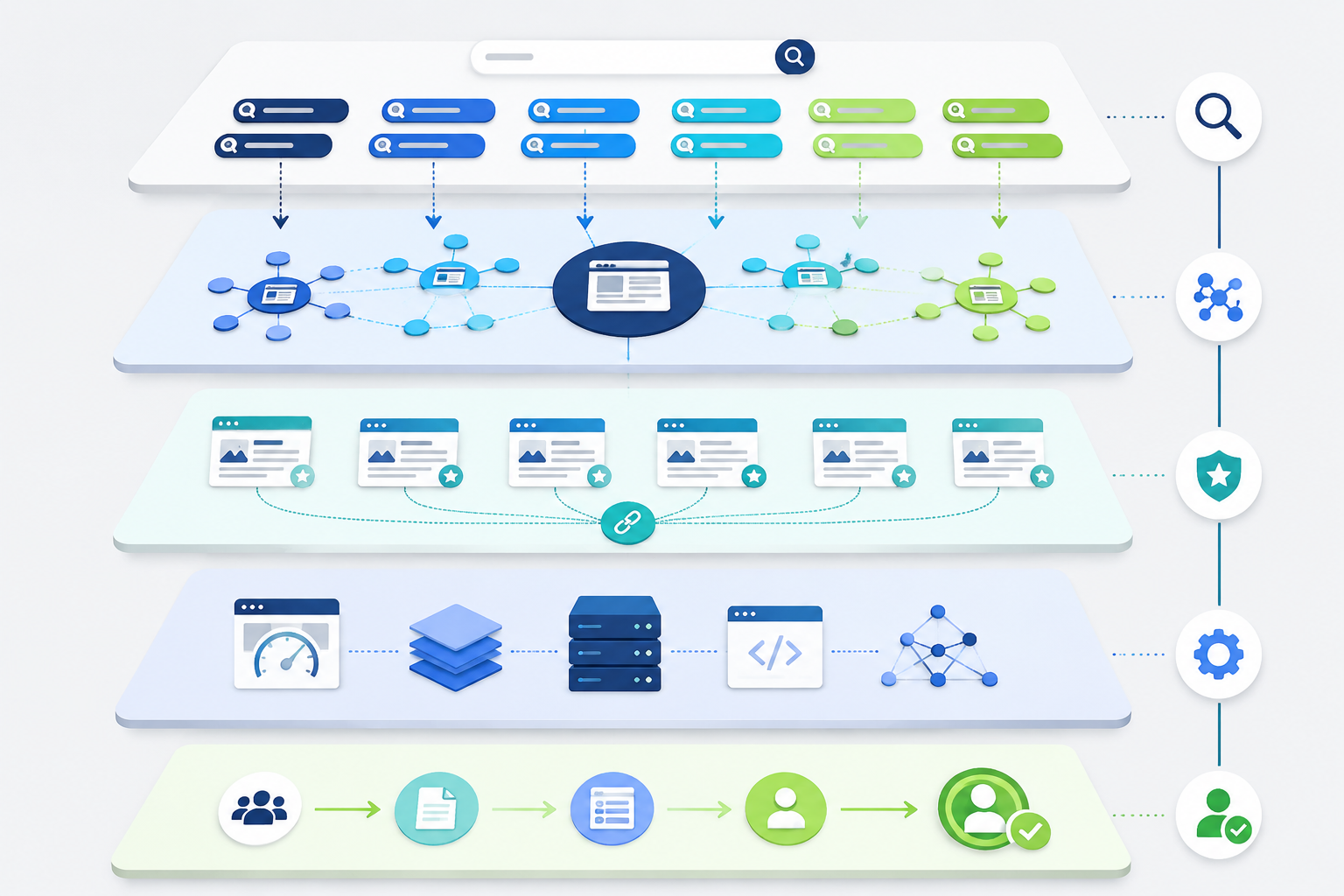 Five-layer SEO competitor analysis framework covering keywords, content, backlinks, technical SEO, and conversion